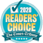 A teal circular badge with a check mark and the text 2020 Readers Choice in yellow and white. Below, a ribbon reads The Times-Tribune with five white stars underneath.