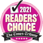 A pink circular badge with a check mark and the text 2021 Readers Choice above a black ribbon that says The Times-Tribune with five stars below.