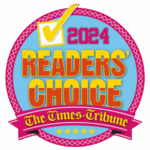 A colorful badge with a yellow check mark, 2024 Readers Choice, and The Times-Tribune on a pink ribbon with stars, set against a blue and yellow circular background.