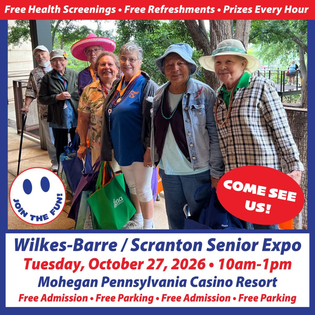 Six smiling seniors with hats and colorful clothes pose together at an indoor event. The flyer advertises the Wilkes-Barre/Scranton Senior Expo on October 27, 2026, with free admission, parking, health screenings, and prizes.